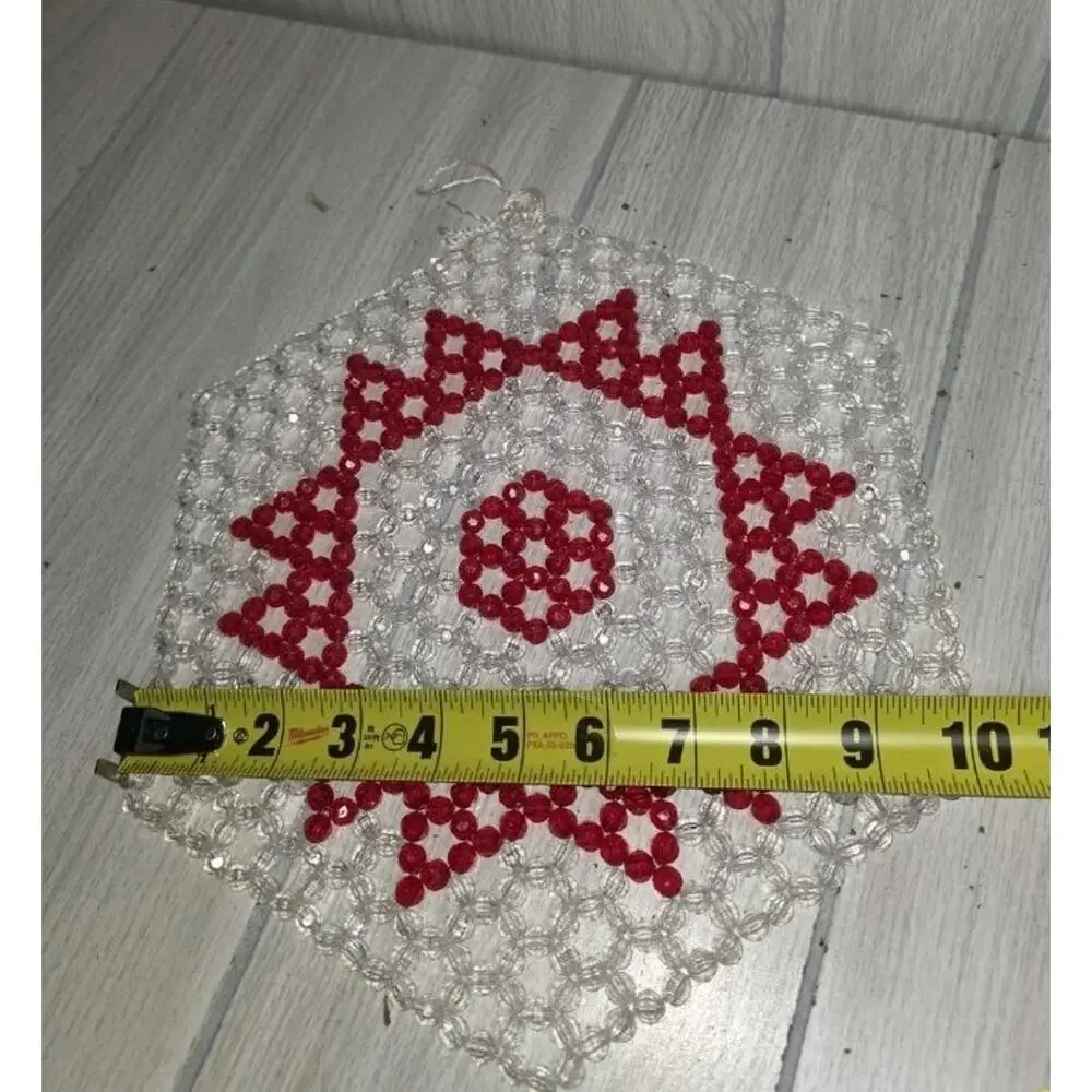 Vtg Handmade Beaded Doily Christmas Red And White Table Centerpiece Placemat